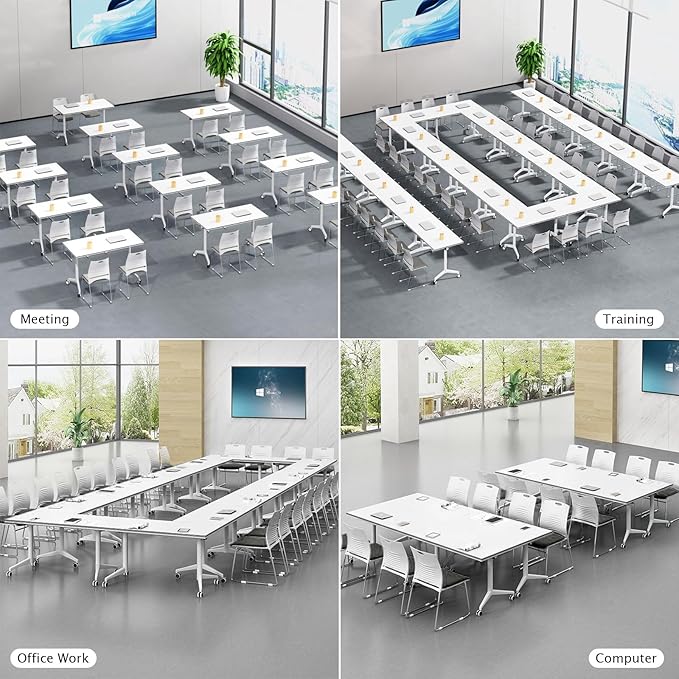 Conference Table Folding Conference Table, Modern Conference Room Table White Meeting Table Flip Top Large Mobile Training Table, Mobile Training Seminar Table for Office Classroom (6pack 70.8in)