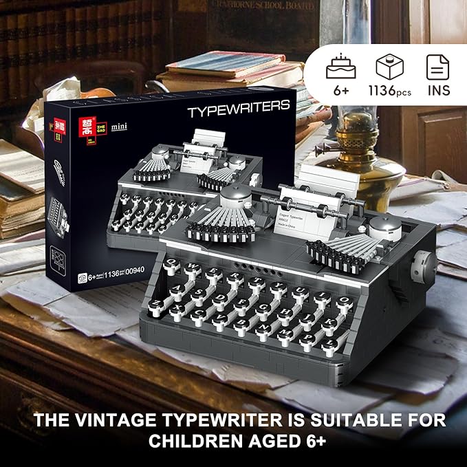 XIU Ideas Retro Typewriter Building Blocks Set,Typewriter Mini Building Blocks Set for Adult,STEM Vintage Building Blocks Kit for Kid 6+(1136pcs),Collectible Typewriter Display Model Black
