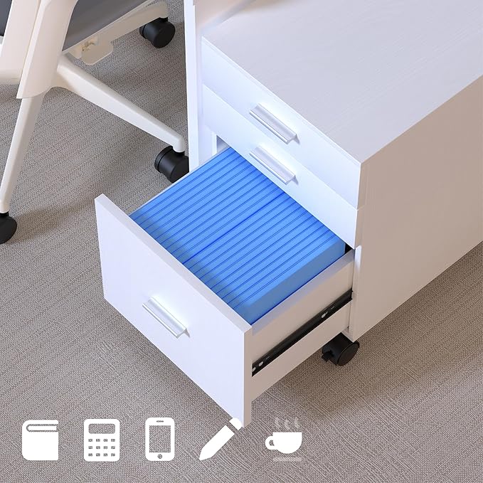 3 Drawer Mobile File Cabinet on Wheels,White Rolling Storage Cart Organizer for Letter/A4 Files, Ideal for Office, Home, Classroom Organization,Printer Stand,19" L x 16" W x 22" H