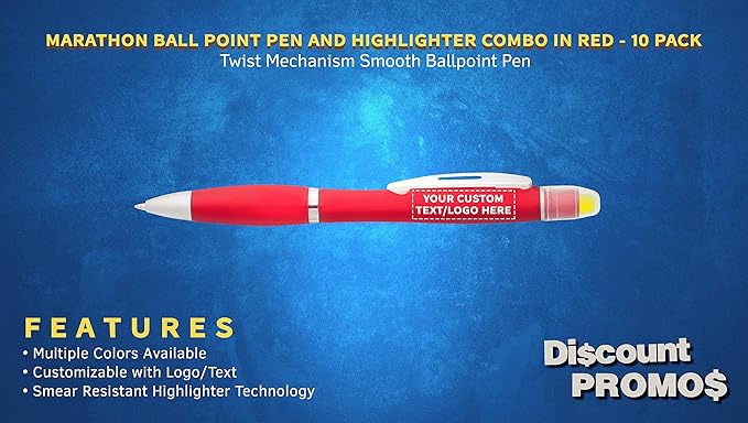 DISCOUNT PROMOS 10 Marathon Gel Highlighter Pens Pack - Customizable Text, Logo - Twist Mechanism, Ballpoint - Red