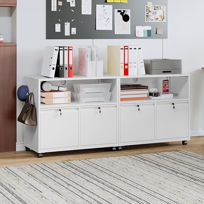 MIIIKO File Cabinet with Storage 2 Drawers, Rolling File Cabinet for Home Office, Metal White 2 Drawers Storage with Shelf, for Printer, Letter A4 File Organizer