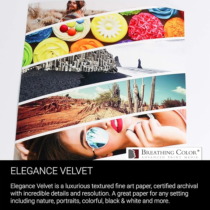 Elegance Velvet 17 in x 10 ft roll is a Premium Matte 310 gsm, Cold Pressed Bright White Museum Grade Fine Art Inkjet Paper, Compatible with Most Dye-Based and Pigment Printers