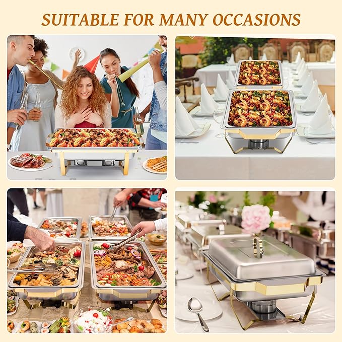 Rengue 9.5QT Chafing Dishes for Buffet, 4 PCS Golden Stainless Steel Chafing Dish Buffet Set, Buffet Servers and Warmers Heating & Cooling Food Warmers for Parties Buffet,Banquets,Weddings,Gatherings