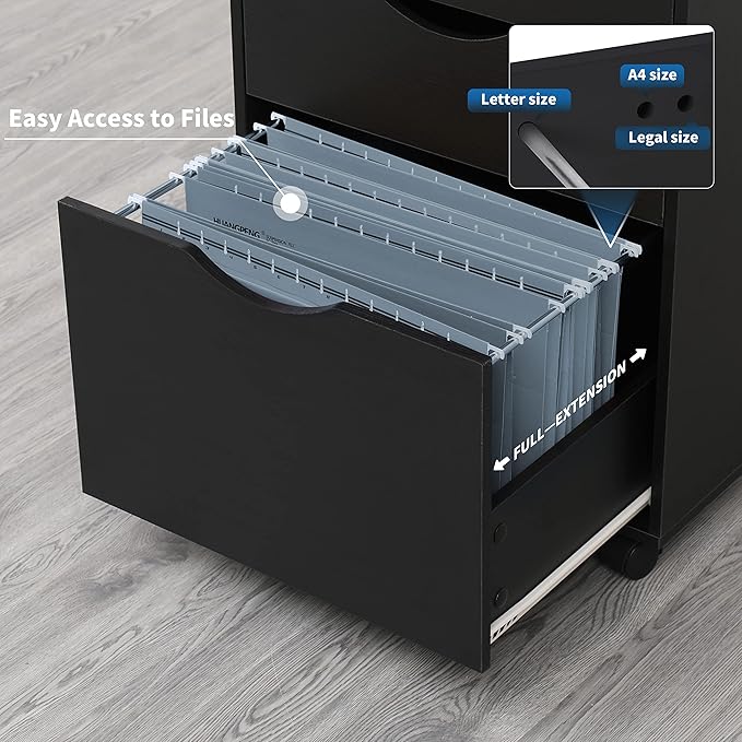 QDSSDECO 3 Drawer Mobile File Cabinet, Rolling Vertical Filing Cabinet fits A4, Legal Paper and Letter Paper for Home Office, Black