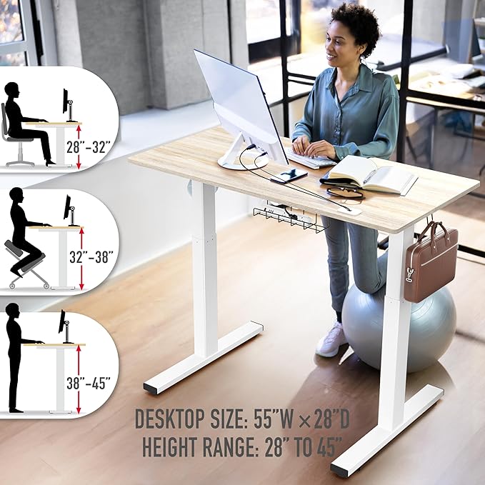 SHW 55 x 28 Inches Electric Height Adjustable Standing Desk with Drawer and Memory Preset, Maple