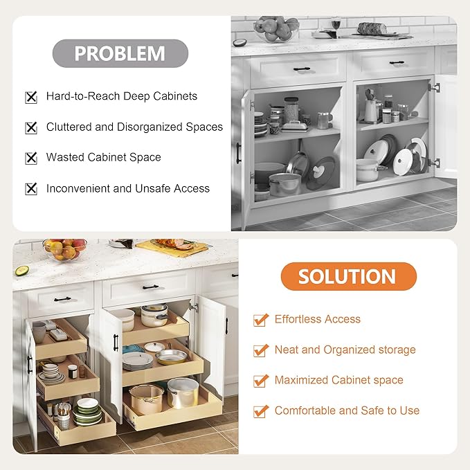 WelFurGeer 3-Tier Pull Out Cabinet Organizer with Soft Close, Heavy-Duty Slide Out Drawers for Cabinets, Pull Out Drawers for Cabinets, Bottom Mount Shelves for Kitchen, Pantry, Bathroom