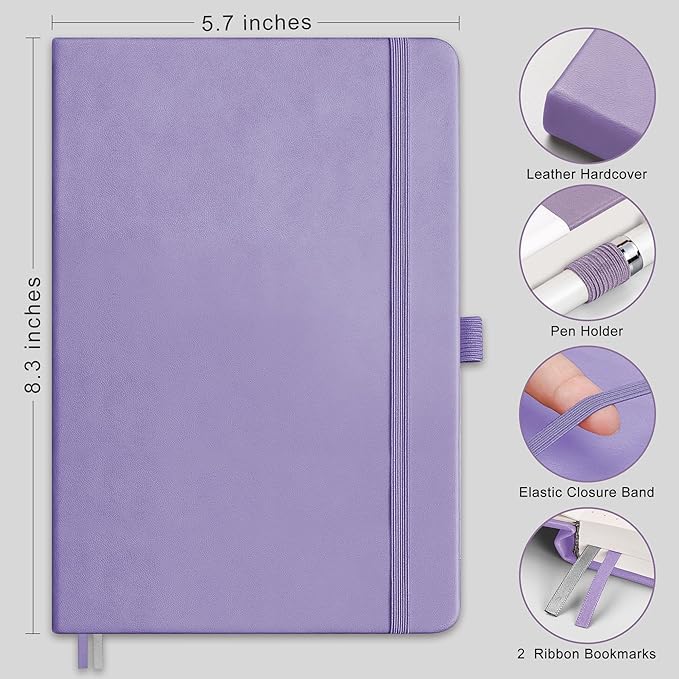 RETTACY Bullet Dotted Journal Notebook, 192 Pages, A5 Medium Size (5.7'' x 8.3''), Leather Hardcover, 100 GSM Thick Paper, for Bullet Journaling, Planning, Tracking (Purple)