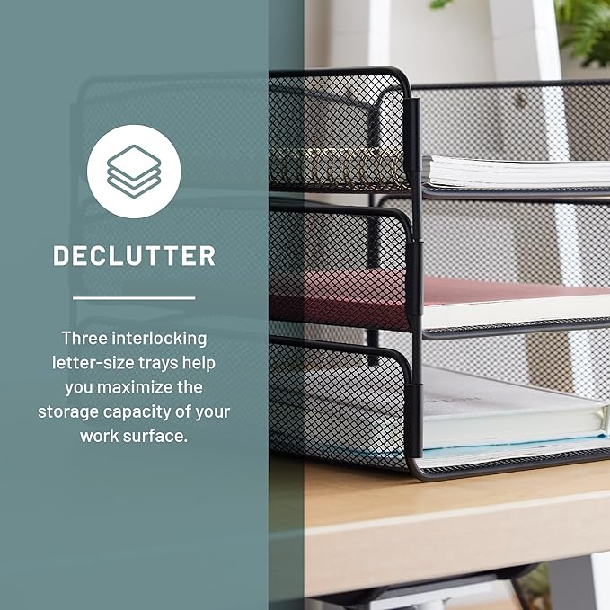 Safco Onyx Desk Organizer, 3 Trays, Office and Classroom Mailbox, Paper and Mail Sorter, Steel Mesh, Black