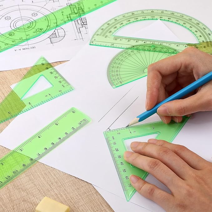 Tenare 1 Set Plastic Clear Math Set Includes Protractor Triangle Rulers 12 Inch 6 Inch Straight Geometry Math Transparent Ruler Measuring Tool for School Office Home Supplies (Green)