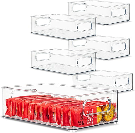 primebox 6 Pack Clear Plastic Organizing Container with Integraged Handles for Home Organization for Kitchen, Pantry, Fridge, Freezer, Cabinet,Bathroom, Stackable. 10"x6"x3"