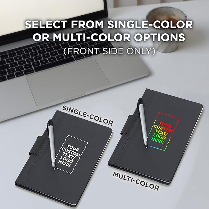 DISCOUNT PROMOS 10 Executive Notebooks with Pen Pack - Customizable Text, Logo - 6 x 8.5 inches, Recycled, Pen Loop, Closure Strap - Black