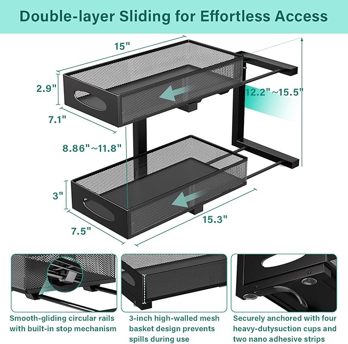 Under Sink Organizer, 1-Pack of 2-Tier Metal Slide Out Pull Out Cabinet Organizer Shelf, Height Adjustable Organization and Storage Series, Bathroom/Desktop/Cabinet/Kitchen organization, Black