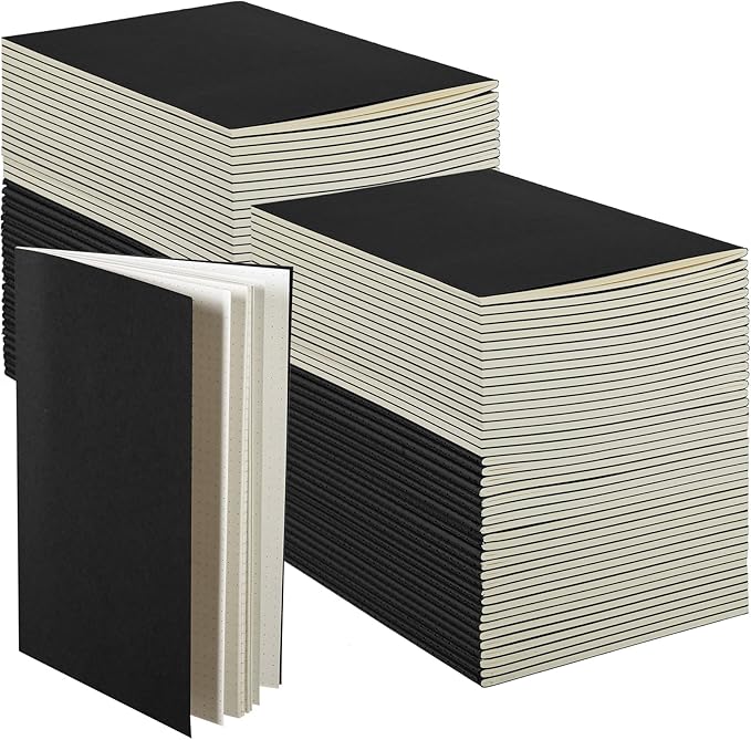 Mimorou 100 Pcs Kraft Notebook Journals 5.5 Inch x 8.3 Inch A5 Softcover Notebooks Bulk for Writing Sketch Office Notepad with 60 Pages 30 Sheets (Black,Dot)