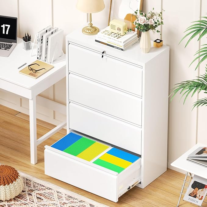 Bonusall 4 Drawer Lateral File Cabinet with Lock, Locking Metal lateral Filing Cabinet for Office Steel lateral File Cabinet, Large Horizontal File Cabinet Locked by Keys-White