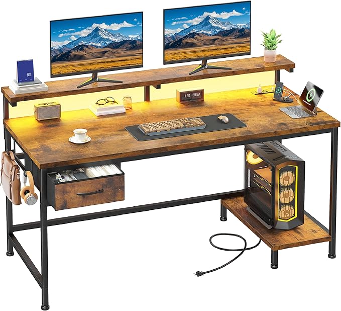 47.2 Inch Office Desk with Power Outlet & Ergonomic Monitor Stand,Gaming Desk with CPU Stand& LED Lights,Computer Desk with Drawer for Home Work,Study Redroom and Gaming,Small Spaces,Rustic Brown