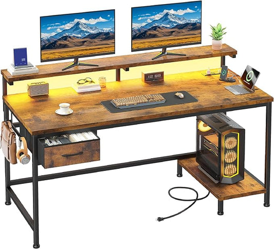 47.2 Inch Office Desk with Power Outlet & Ergonomic Monitor Stand,Gaming Desk with CPU Stand& LED Lights,Computer Desk with Drawer for Home Work,Study Redroom and Gaming,Small Spaces,Rustic Brown