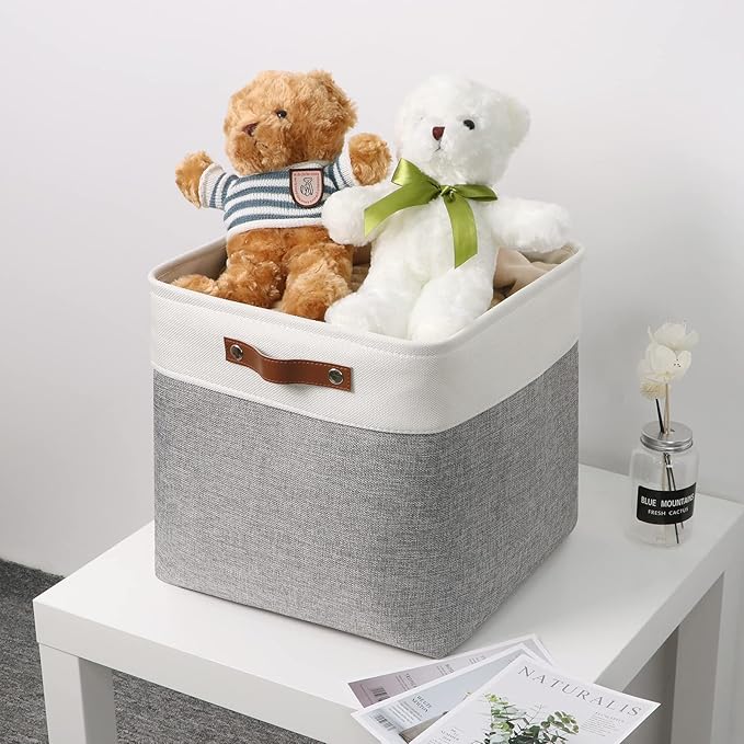 Temary 13 Inch Storage Cubes Baskets Fabric Storage Bins Cube Storage Baskets with PU Leather Handle Clothes Basket for Gift, Large Baskets for Storage Toys, Books, Blankets