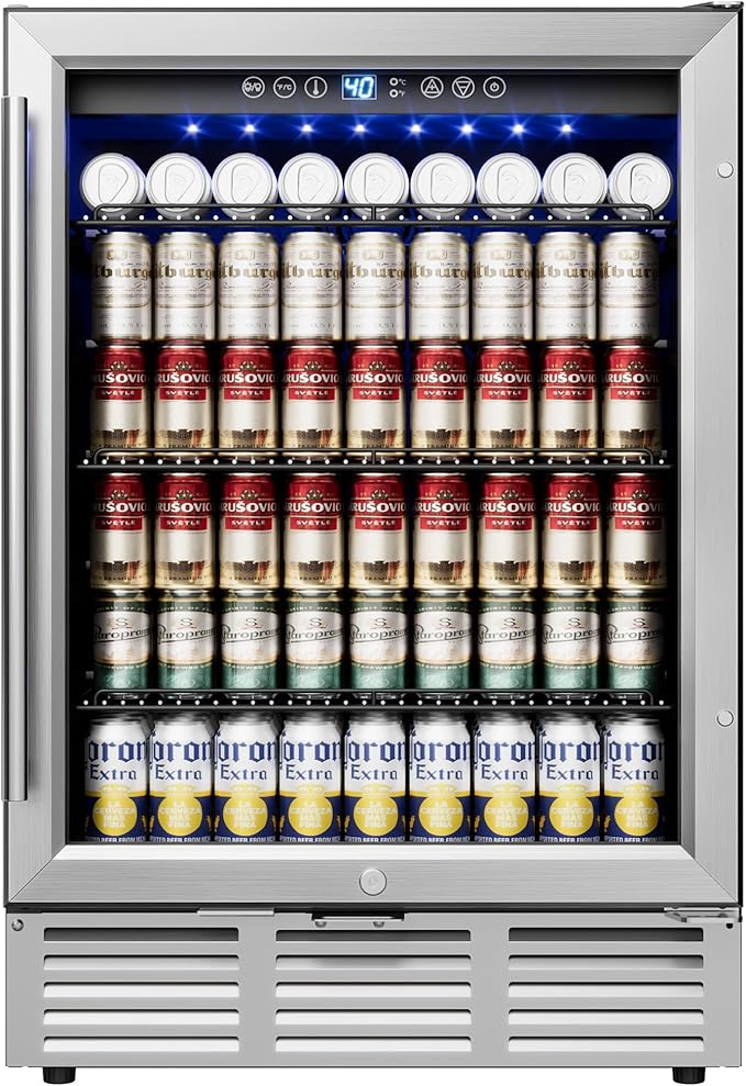 24 Inch Beverage Refrigerator, Beverage Cooler 180 Can Built-in Design, Under Counter Beer Fridge with Glass Door for Soda, Wine, Water - For Kitchen, Office or Bar