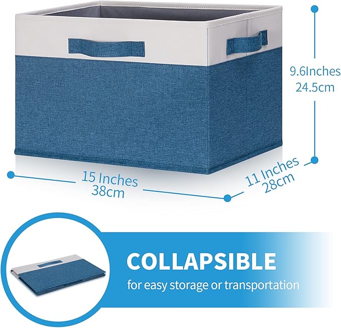 GhvyenntteS 6 Pack Fabric Storage Bins, 15x11x9.6 inch Closet Storage Bins for Shelves with 3 Handles, Foldable Storage Baskets for Shelves, Sturdy Closet Organizers and Storage Boxes, Blue