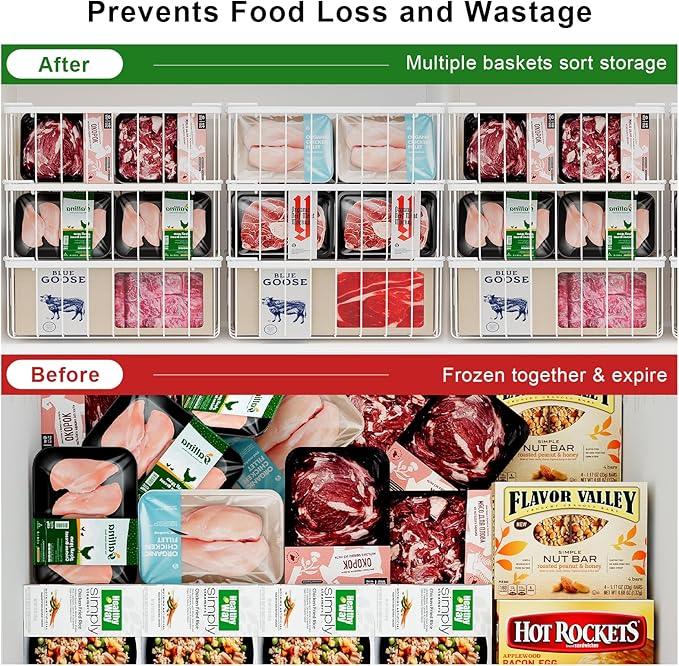 Freezer Organizer Bins -8 Pack Stackable Chest Freezer Organizer Baskets With Tag, For Kitchen, Cabinets, Cupboards, Counter Top, Freezer, Pantry. White