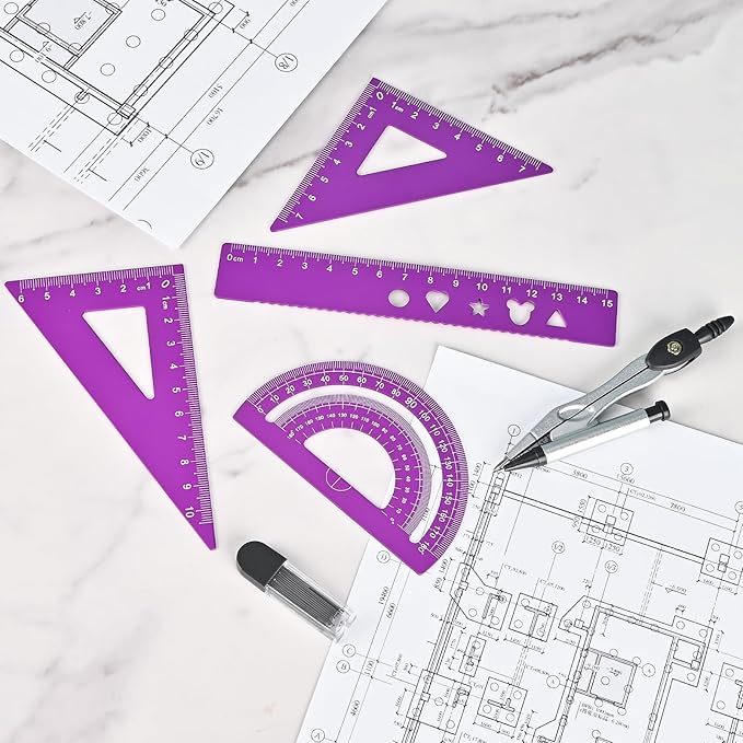 6 Pcs Metal Geometry Set, Math Geometry Kit, Metal Ruler Set and Compass Geometry Tool, Rulers Protractor and Compass Set for Student School and Drawings Supplies (Purple)