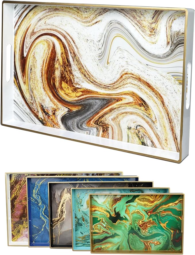 White Marbling Decorative Tray with Handles, Morden Plastic Rectangular Serving Tray for Coffee Table Bathroom, Ottoman, Home Decor, 15.7"* 10.2"* 1.38"