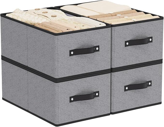 Foldable Storage Bins with Handles, Fabric Storage Cubes for Organizing, Decorative Linen Closet Organizers, 18.5 × 11 × 7.9 Inch, Gray, 4-Pack