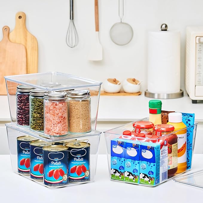 theaoo Clear Storage Bins with Lids Stackable - Large Plastic Containers for Pantry Organization and Storage - Perfect for kitchen,Fridge,Laundry Room,Bathroom,Garage,Closet,Cabinet Organizer - 4 Pack