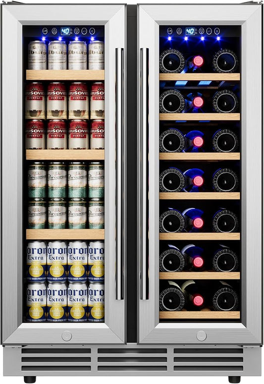 24" Wine and Beverage Refrigerator, Dual Zone Wine Cooler with Glass Door, Hold 88 Cans & 21 Bottles, Built in or Freestanding Under Counter Wine Fridge with Blue LED Light.
