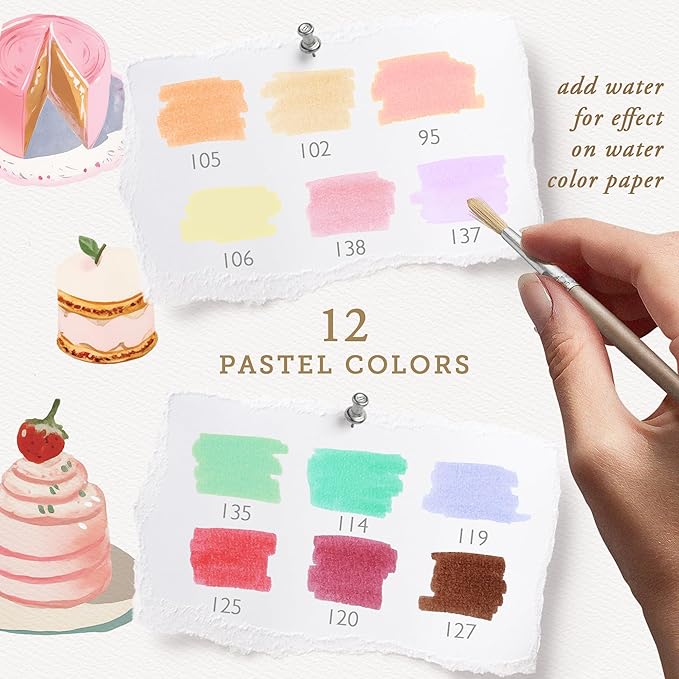 Primrosia 12 Dual Tip Watercolor Marker Pens - Fine Tip & Brush Tips, Professional Quality, 4 x Sticker Sheets, Blendable, Non-Toxic, Perfect for Calligraphy, Drawing & Coloring. (Patisserie)