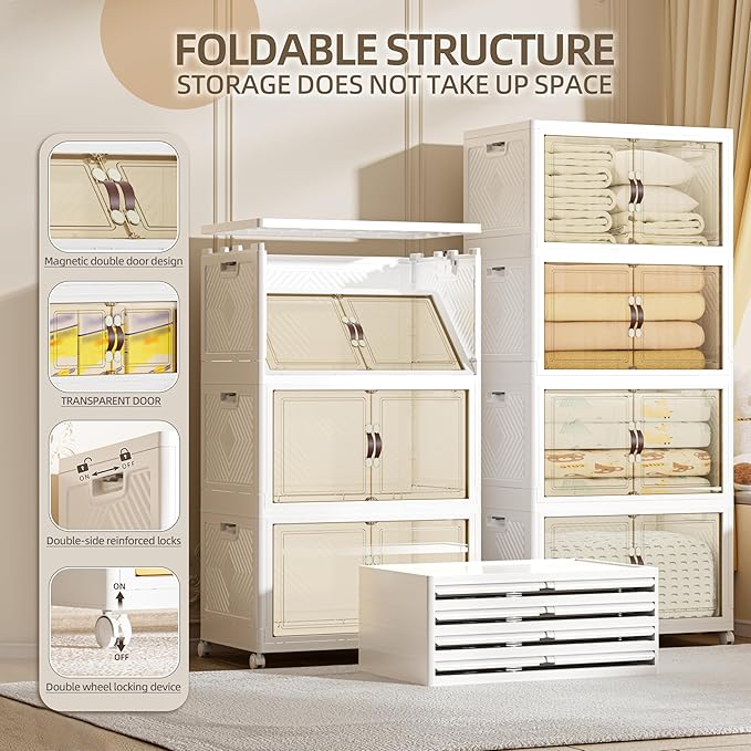 416 QT / 104 Gal Large Foldable Stackable Plastic Storage Cabinet with Double Magnetic Doors, Leather Handles & 4 Wheels - Organize Home, Office, Closet