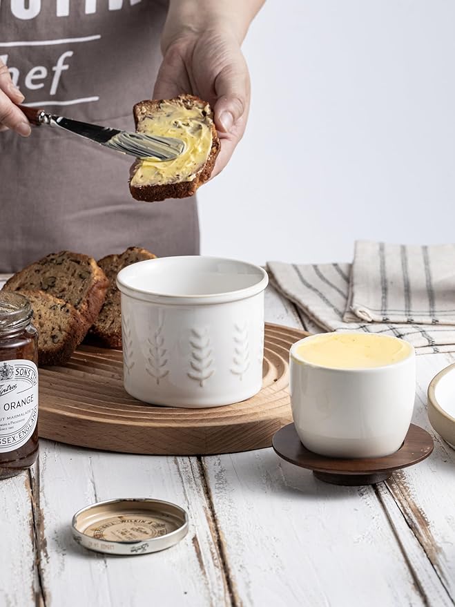 Ceramic Butter Dish With Lid, Butter Crock for Countertop, French Butter Keeper for Spreadable Butter, Elegant Embossed Pattern, Cream White