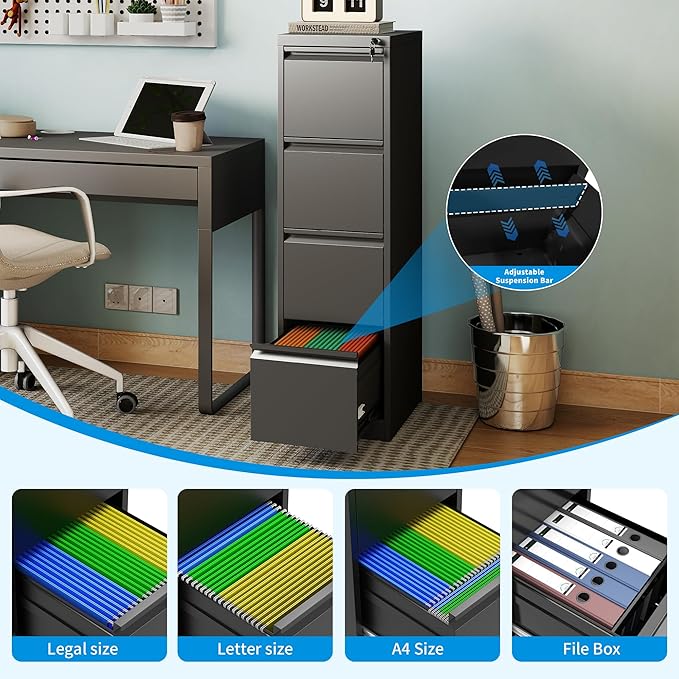 Metal File Cabinet 4 Drawers, Vertical Filing Cabinet for Home Office, File Cabinets with Lock for Legal Letter Size Hanging File Folders Storage Cabinet, (Black)