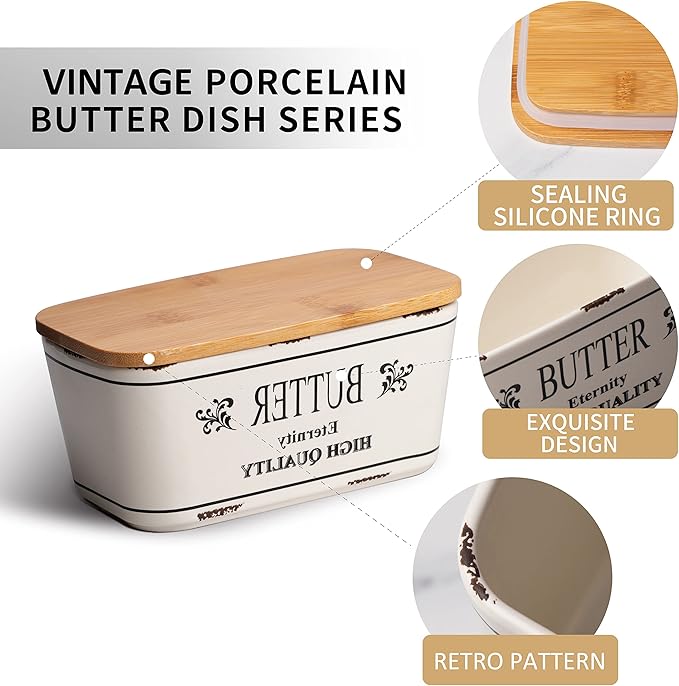 Hasense Farmhouse Butter Dish with Lid for Countertop, Vintage Butter Keeper Holder, Large Container for Fridge with Freshness Seal, Enhance Kitchen Decor, Holds Two Sticks of Butter, White