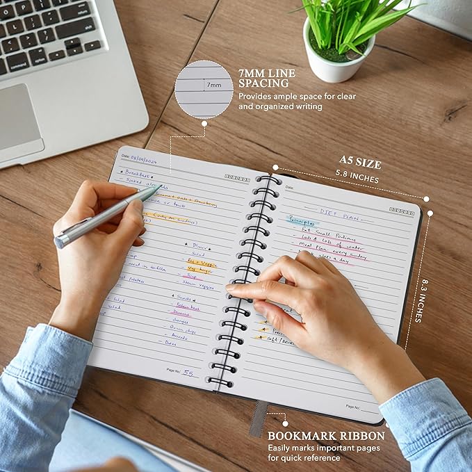 Lined Spiral Notebook Journal For Men & Women - Hardcover A5 Notebook 170 Pages, Journaling Notebooks for Work & Note Taking College Ruled Journals for Writing - Black