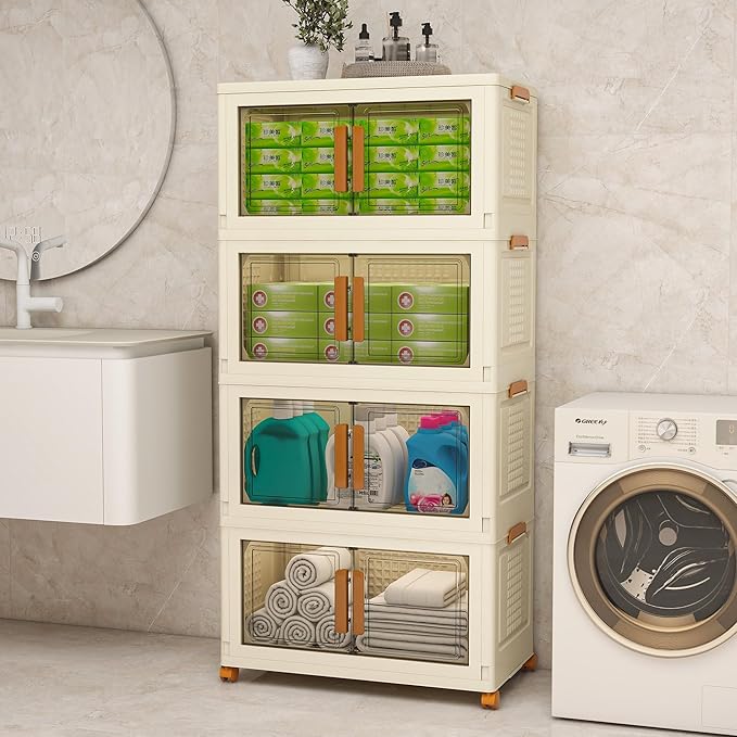 Plastic Stackable Storage Bins with Lids and Wheels, Foldable Storage Containers, Collapsible Clear Storage Cabinet with Doors White 4Tiers 148.8QT