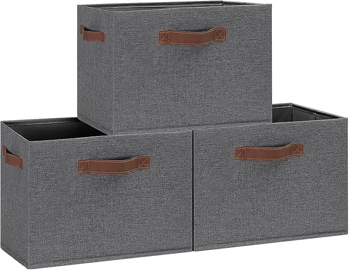 GhvyenntteS Large Fabric Storage Bins with 3 Handles, 15x11x9.6 Inch Storage Baskets for Shelves, Foldable Closet Storage Bins for Shelves, Closet Organizers and Storage Boxes, Gray