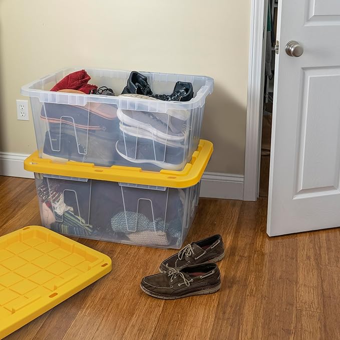 CX BLACK & YELLOW, 27-Gallon Heavy Duty Clear Storage Container & Snap-Tight Lid, Clear & Yellow (14.3H x 20.6W x 30.6D), Weather-Resistant, Stackable, See-Through Organization Tote [4 Pack]