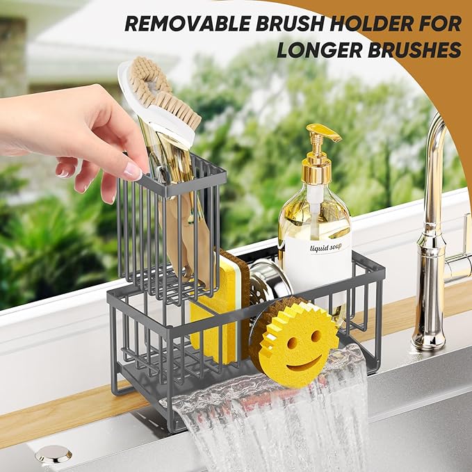 Sponge Holder for Kitchen Sink,Smiley Face Sink Caddy with Removable Brush Holder,Self-Draining Sponge Caddy for Soap,Dish Brush,Scrubber,Kitchen Essentials and Gadgets-Charcoal Gray