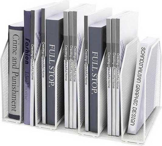 Adjustable Desk File Organizer,Detachable Office Folder Organizer,Compact Vertical Desk File Holder,Wrought Iron Paint,Suitable for Home, School, Office Classrooms (White - 7 grids)