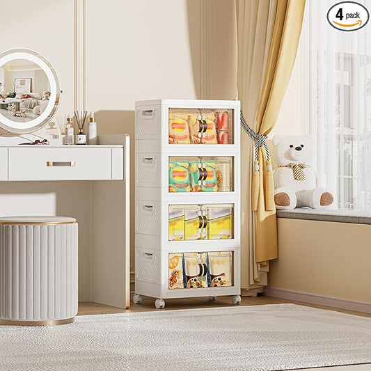 104 QT / 26 Gal Multi-Purpose Stackable Storage Cabinet: Double Magnetic Doors, Foldable, Wheels Included, Leather Handles - Ideal for Pantry, Laundry Room, Dorm