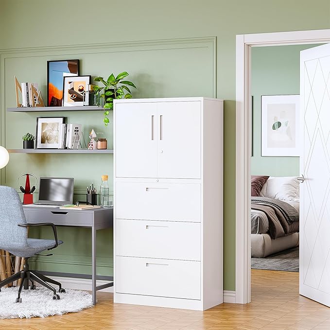 3-Drawer Metal File Cabinet, Lateral Vertical Filing Cabinets for Home Office, Locking Cabinet with Storage Shelves, Legal/Letter/A4 Size Office File Cabinet,(White, Assemble Required)