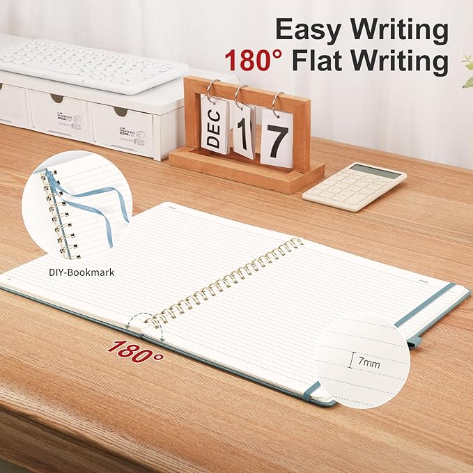 AHGXG Lined Spiral Notebook 8.5" x 11", A4 Large Notebooks for Women Men, Hardcover Leather Notebook College Ruled, 100 GSM Thick Paper, Notebooks for Work School Note Taking Writing, GrayBlue