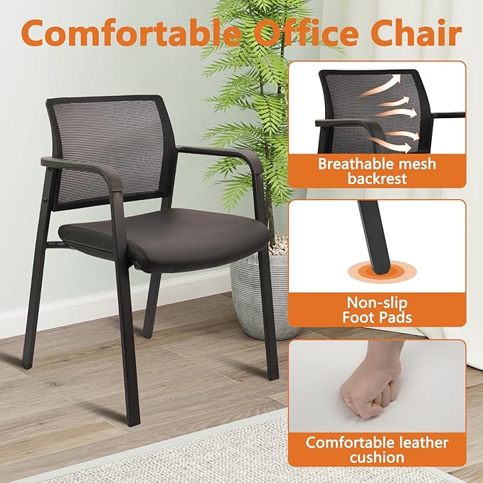 CLATINA Stackable Office Chair, Mesh Back Guest Chairs with Comfortable Leather Seat Arms Stacking Ergonomic Desk Chair No Wheels for Conference Waiting Reception School Stationary, Black, Set of 4