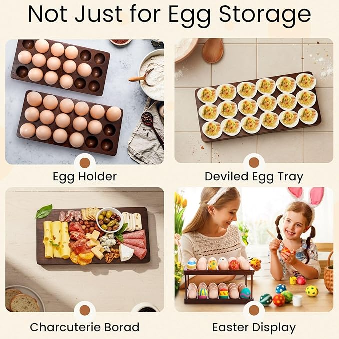 YOUEON Acacia Wooden Egg Holder with Double Layers, Detachable Wooden Egg Tray Holds 36 Fresh Eggs, Countertop Storage Rack for Gathering Fresh & Easter Eggs, Rustic Decor