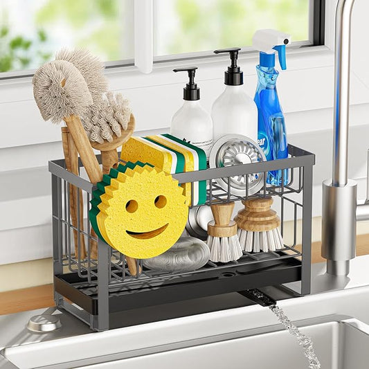 Sponge Holder for Kitchen Sink with Flexible Sponge Holder Smiley Face,2 Tier Kitchen Sink Organizer Countertop and Storage Essentials,Soap Dispenser Organize,Home Decor Accessories-Gray