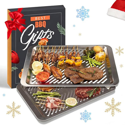 Grilling Prep and Serve Trays Set of 2 Stackable Stainless Steel BBQ Trays Marinating Tray Food Serving Platter for Cooked and Raw Meat BBQ Prep Tub Dishwasher Safe