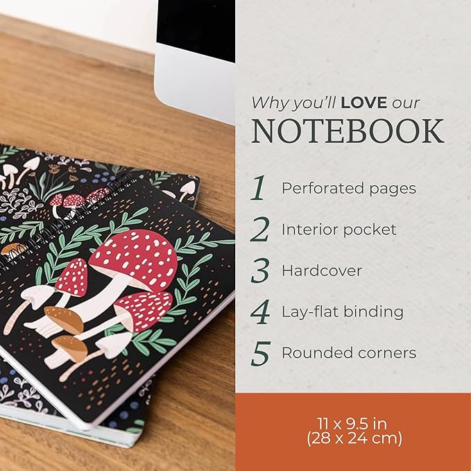 Steel Mill & Co Cute Large Spiral Notebook College Ruled, 11" x 9.5" with Durable Hardcover and 160 Lined Pages, Mushroom