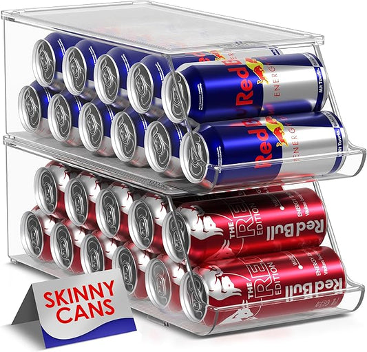 Sorbus Skinny Soda Can Organizer for Refrigerator - Stackable Slim Can Holder Dispenser with Lid for Fridge, Pantry, Freezer - BPA-Free, Clear Design, Drink Organizer for Fridge (2-Pack)