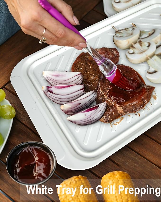 KAQAHIDO Grilling Prep and Serve Trays, BBQ Platter for Raw Meat Marinating and Finished Cooked Food, Melamine Serving Tray, Set of 2, Cleaning Pack Included